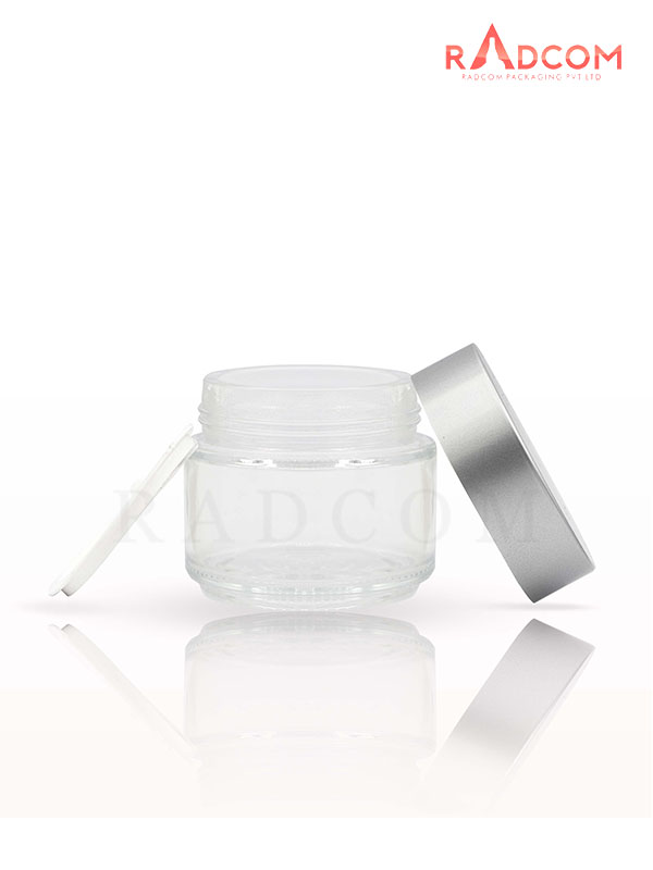 100 GM Clear Glass Jar with Matt Silver Cap with Lid & Wad